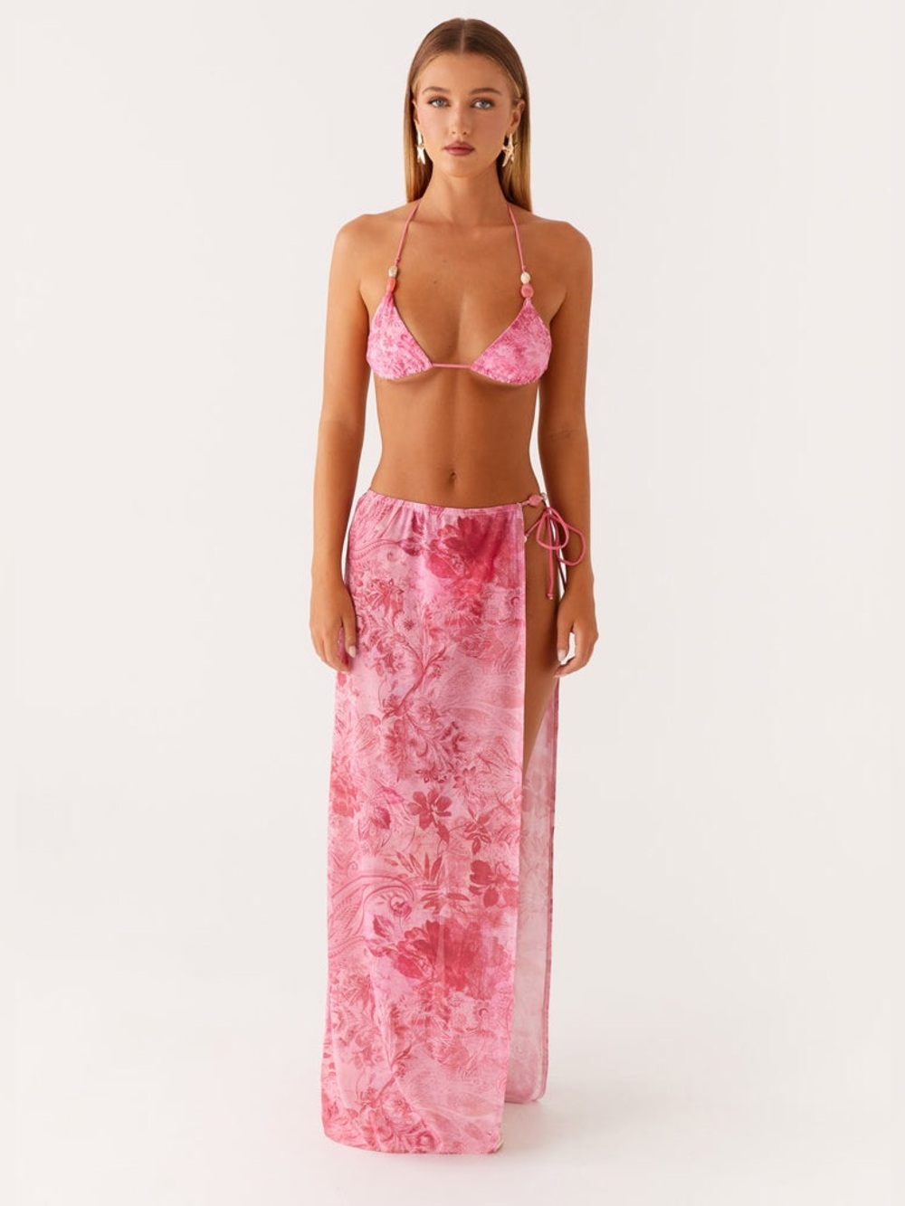Peppermayo Here For It Beaded Maxi Skirt - Pink Floral Swim Beach Day Size:12